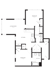 A floor plan of a house with a living room, kitchen, and two bedrooms.