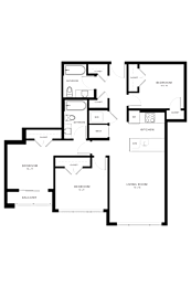 A floor plan of a house with a living room, dining room, kitchen, and two bedrooms.