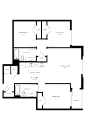 A floor plan of a house with two bedrooms, a living room, a kitchen, and a bathroom.