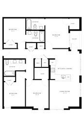 A floor plan of a house with labeled rooms such as Bedroom 1, Bathroom, and Kitchen.