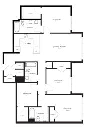 A floor plan of a house with a living room, kitchen, and multiple bedrooms.