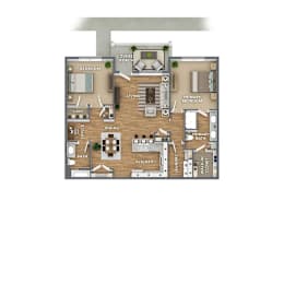 A floor plan of a house with a living room, dining room, kitchen, and two bedrooms.