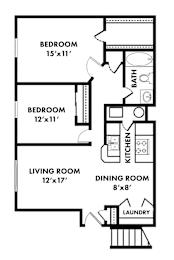 A floor plan of a small apartment with two bedrooms, a living room, a dining room, a kitchen, and a laundry area.