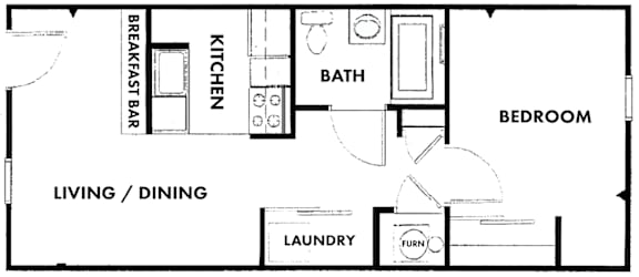A floor plan of a living space with a kitchen, bathroom, bedroom, breakfast bar, laundry, and a furnace.