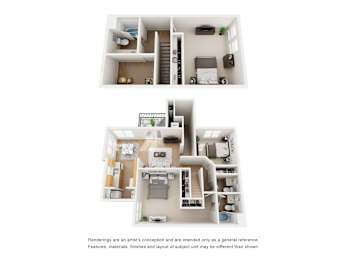 A floor plan of a house with two bedrooms, a living room, a kitchen, and a bathroom.