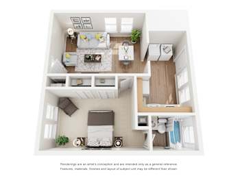 A top-down view of a small apartment with a kitchen, living room, and bathroom.