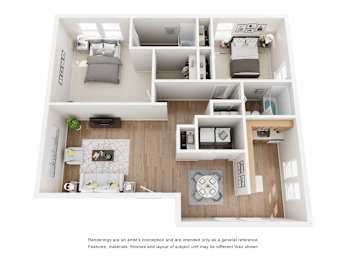 A floor plan of a small apartment with a kitchen, living room, and bedroom.