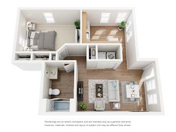 A 3D floor plan of a house with a living room, kitchen, and two bedrooms.