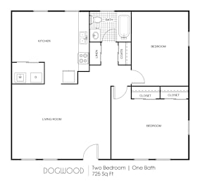 A black and white image of a two bedroom apartment with one bath.