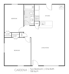 A floor plan of a two bedroom apartment with one bathroom and a garden.