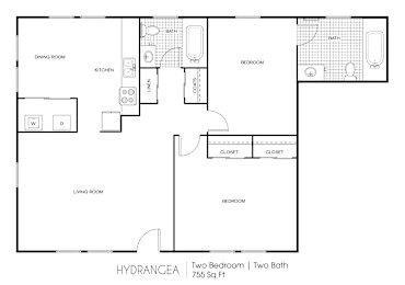 A black and white image of a floor plan for a 755 square foot home with two bedrooms and two bathrooms.