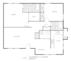 A black and white image of a two bedroom, two bathroom apartment layout.