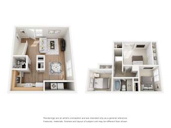 Two renderings of apartment layouts with a note below stating that the renderings are a general reference and actual features may differ.