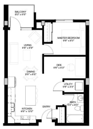  Floor Plan Kingsland Junction Scarlet: 1-Bedroom / 1-bathroom + Den