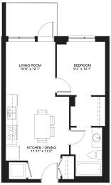 A floor plan of a small apartment with a living room, bedroom, and kitchen/dining area.