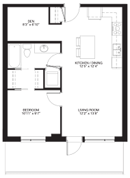A floor plan of a small apartment with a den, kitchen/dining area, and two bedrooms.