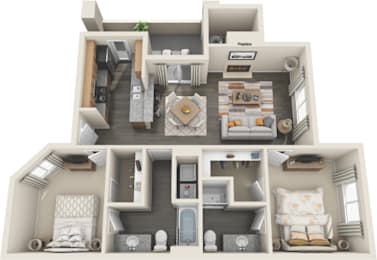 Tresa at Arrowhead Apartments 2 bedrrom 2 bath 927 sqft 3D floor plan rendering