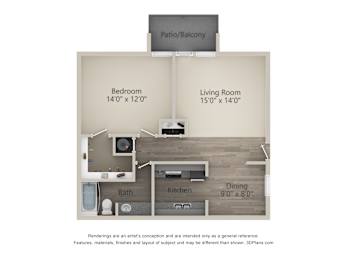 A 3D floor plan of a small apartment with a living room, bedroom, kitchen, and bathroom.