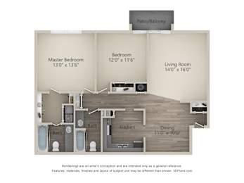 A 3D floor plan of a house with a master bedroom, a living room, a kitchen, a dining room, and two bathrooms.
