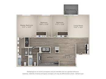 A floor plan of a house with a master bedroom, two bedrooms, a living room, a dining room, a kitchen, and two bathrooms.