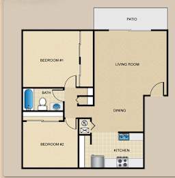 A floor plan of a house with two bedrooms, a living room, a dining area, a kitchen, and a bathroom.