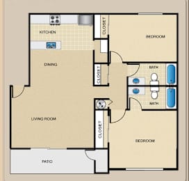 A floor plan of a house with a kitchen, dining area, living room, two bedrooms, and a bathroom.