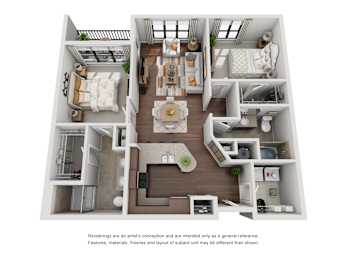 A 3D floor plan of a house with a kitchen, living room, and bedrooms.
