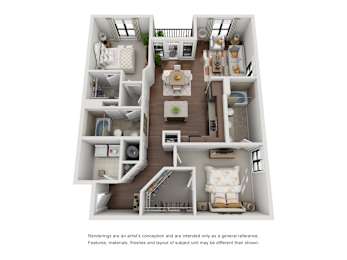 A 3D rendered image of a house layout.