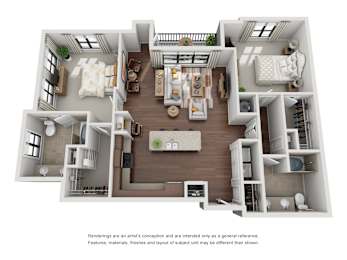 A 3D rendered image of a modern apartment layout.