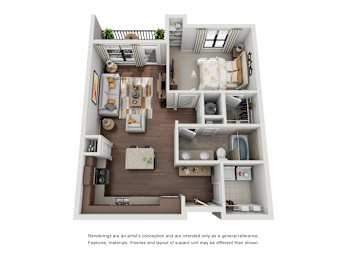 A 3D rendered image of a small apartment layout.