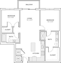 A black and white image of a floor plan for a two bedroom apartment.