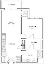 A floor plan of a small apartment with a living room, bedroom, kitchen, and bathroom.