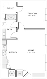 A floor plan of a small apartment with a bedroom, bathroom, kitchen, and living room.