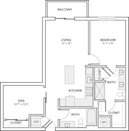 A floor plan of an apartment with a living room, bedroom, kitchen, and den.