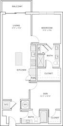 A floor plan of a small apartment with a living room, bedroom, kitchen, and den.