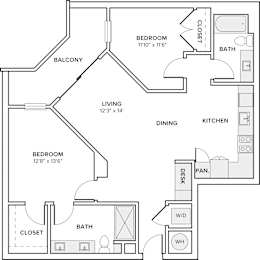 A black and white floor plan of a two-bedroom apartment.