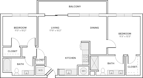 A floor plan of a house with a balcony, two bedrooms, a living room, a dining room, a kitchen, two bathrooms, and two closets.