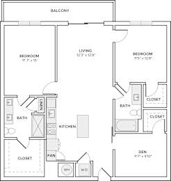 A black and white image of a floor plan for a home with a balcony, two bedrooms, a living room, a kitchen, a bathroom, a den, and a pan.