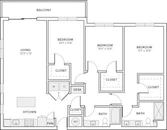 A floor plan of a home with three bedrooms, a living room, a kitchen, a bathroom, a desk, and a pantry.