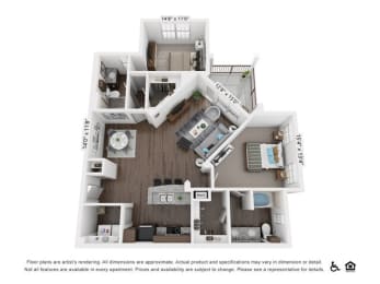 this is a 3d floor plan of a 884 square foot 1 bedroom apartment at the