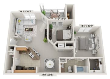this is a 3d floor plan of a 515 square foot 1 bedroom apartment at the