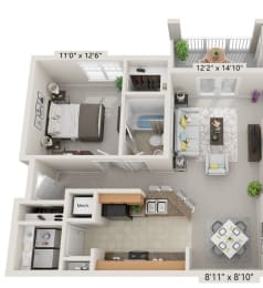 a floor plan image of our A3 1 bed, 1 bath apartment home