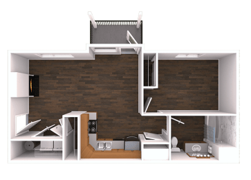 a 3d rendering of the interior of a small apartment