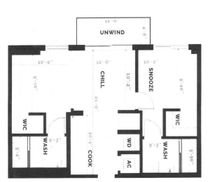 a floor plan of a building with a sign that reads unwind