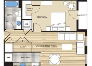 1 Bed1 Bath 586sf Floor Plan at Clayborne Apartments, Alexandria, Virginia