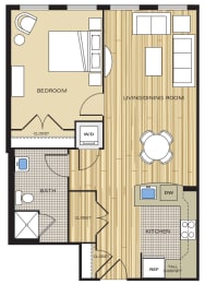 1 Bed1 Bath 656sf Floor Plan at Clayborne Apartments, Alexandria, Virginia