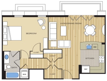 1 Bed1 Bath 705sf b Floor Plan at Clayborne Apartments, Alexandria, 22314