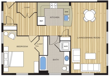 1 Bed1 Bath 742sf Floor Plan at Clayborne Apartments, Alexandria