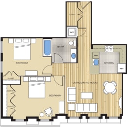 2 Bed1 Bath 857sf Floor Plan at Clayborne Apartments, Alexandria, VA, 22314