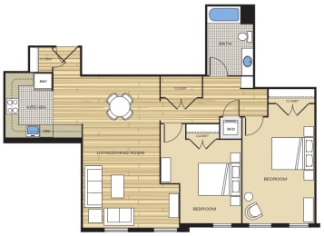 2 Bed1 Bath 985sf Floor Plan at Clayborne Apartments, Alexandria, 22314